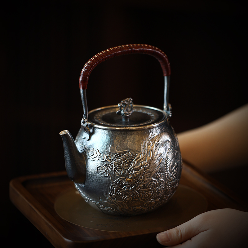 蜂鸟工坊出口高纯度韩国工艺煮茶壶纯手工熏银龙钮祥云金龙提梁壶-蜂鸟工坊